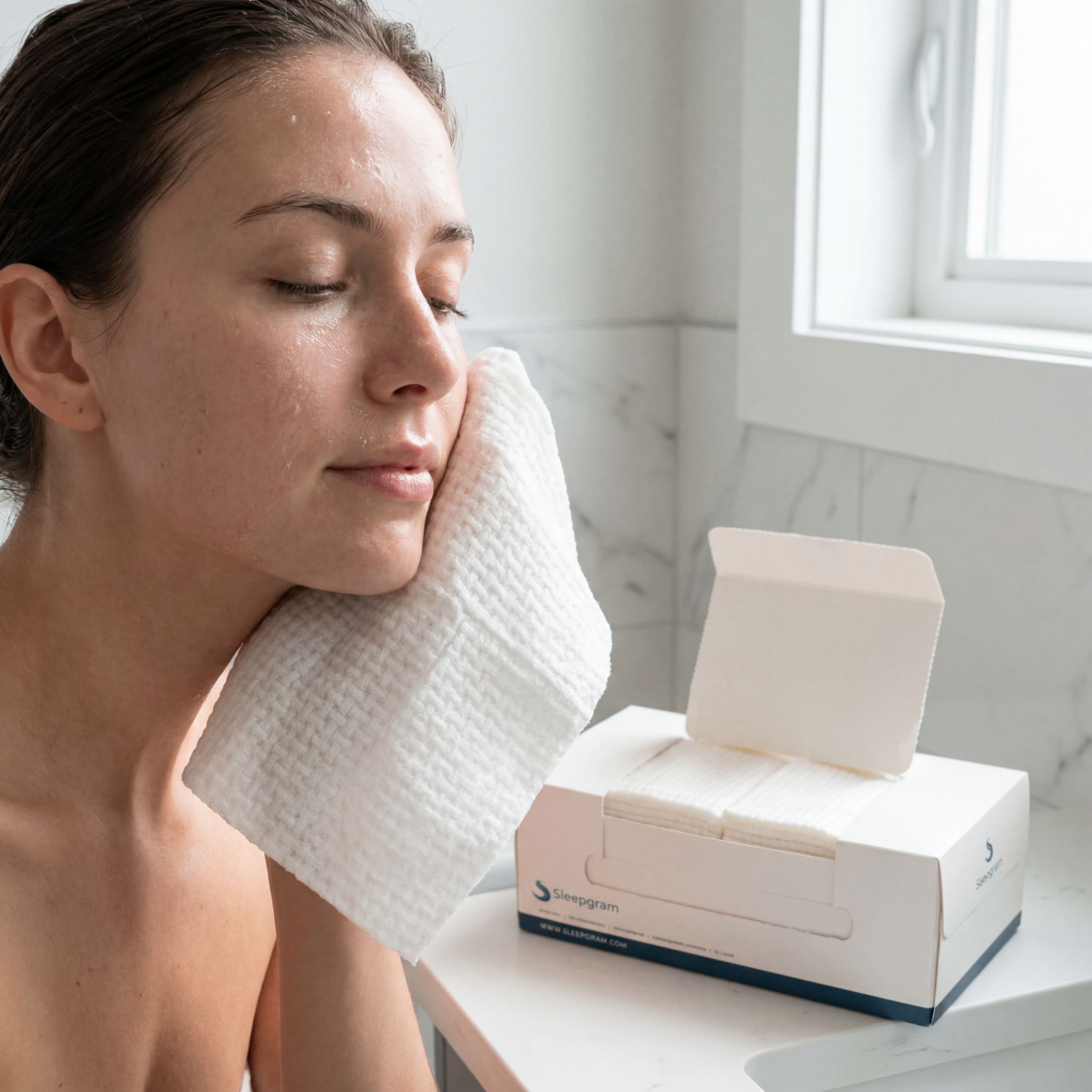 Woman pressing a fresh Luxe Towel to her clean face