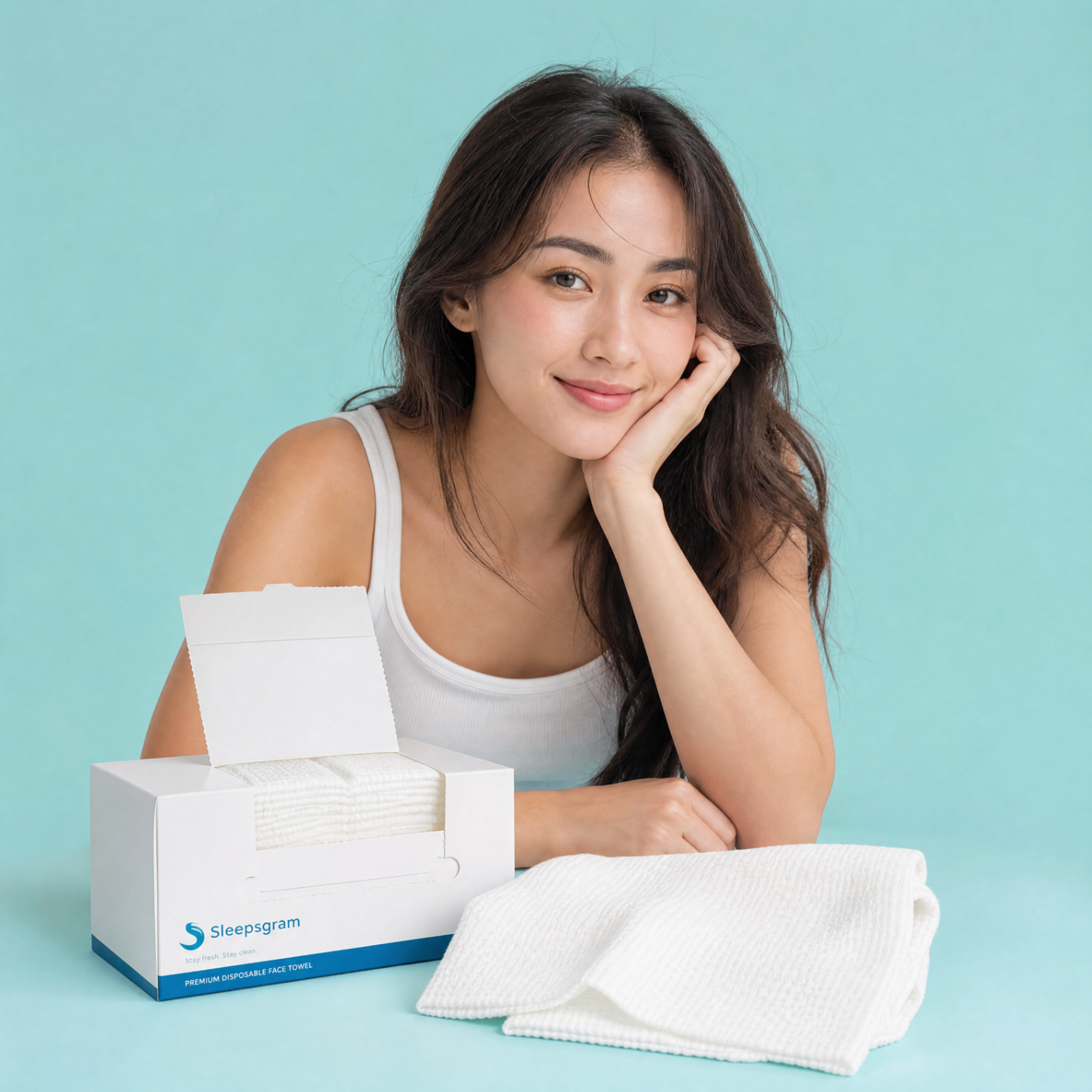 Woman smiling beside an open Sleepgram towel box and folded towels