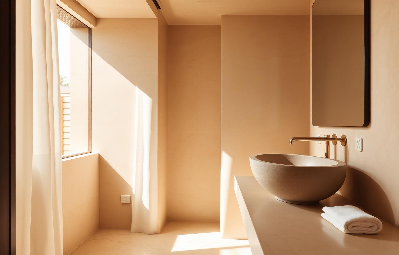 A warm, sunlit minimalist spa bathroom with a single folded Luxe Towel