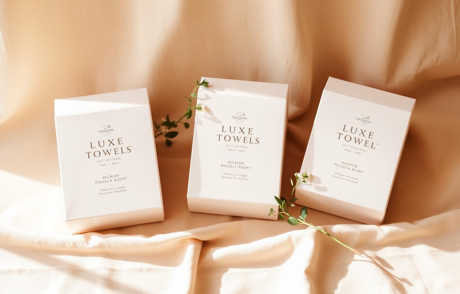 Three Luxe Towels subscription boxes on warm beige linen